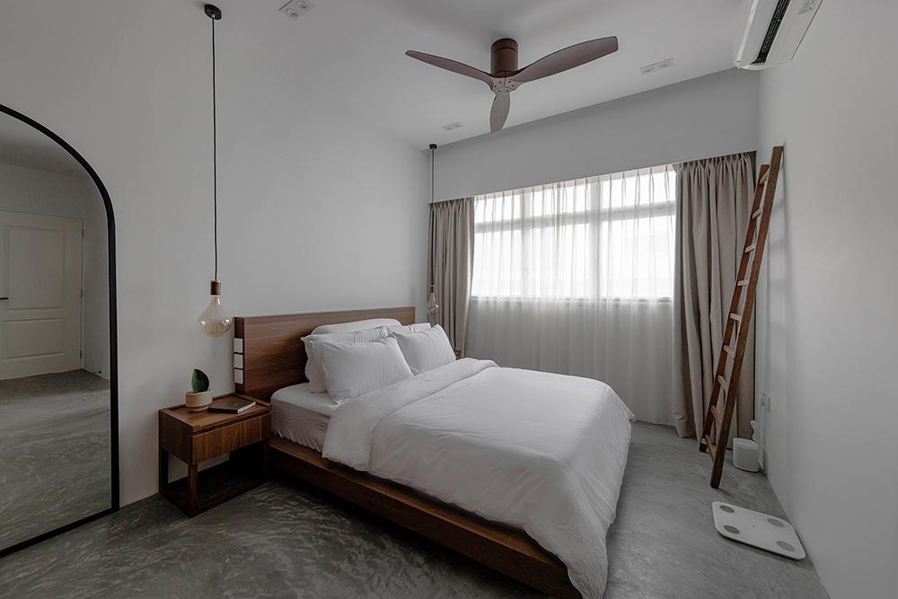 Scandinavian Bedroom with Cement Floor and Mirror