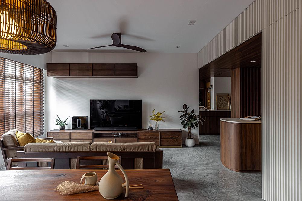 Scandinavian Living Room with Cement Floor and TV Console