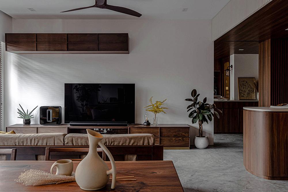 Scandinavian Living Room with Cement Floor and TV Console