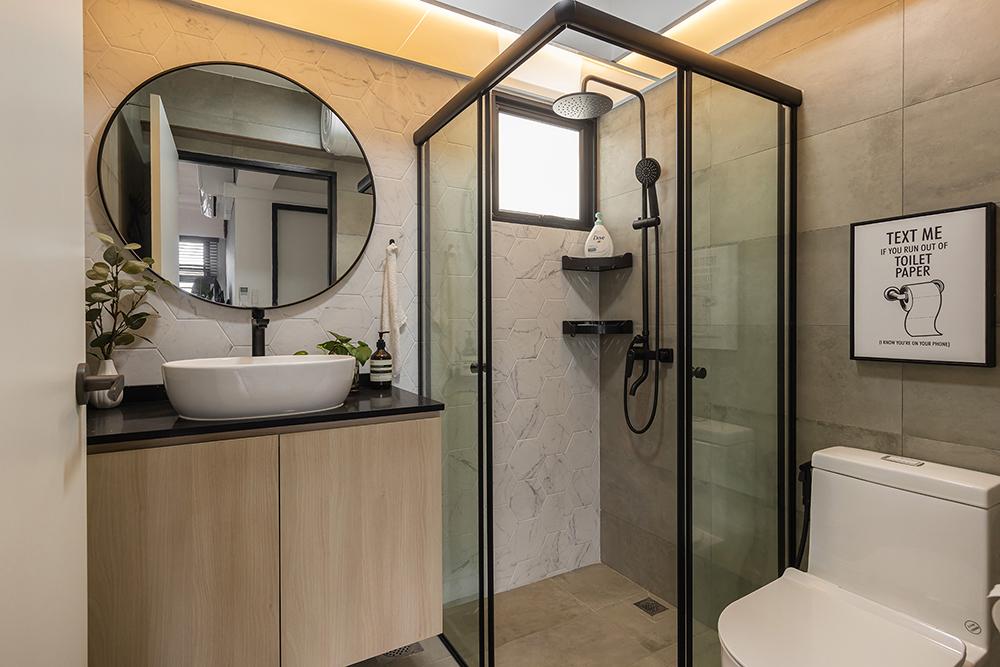 Industrial Bathroom with Homogeneous Tiles and Mirror