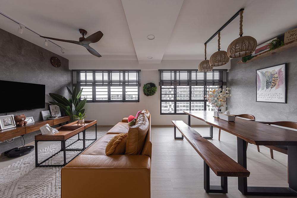 Industrial Living Room with Vinyl Flooring and Feature Wall