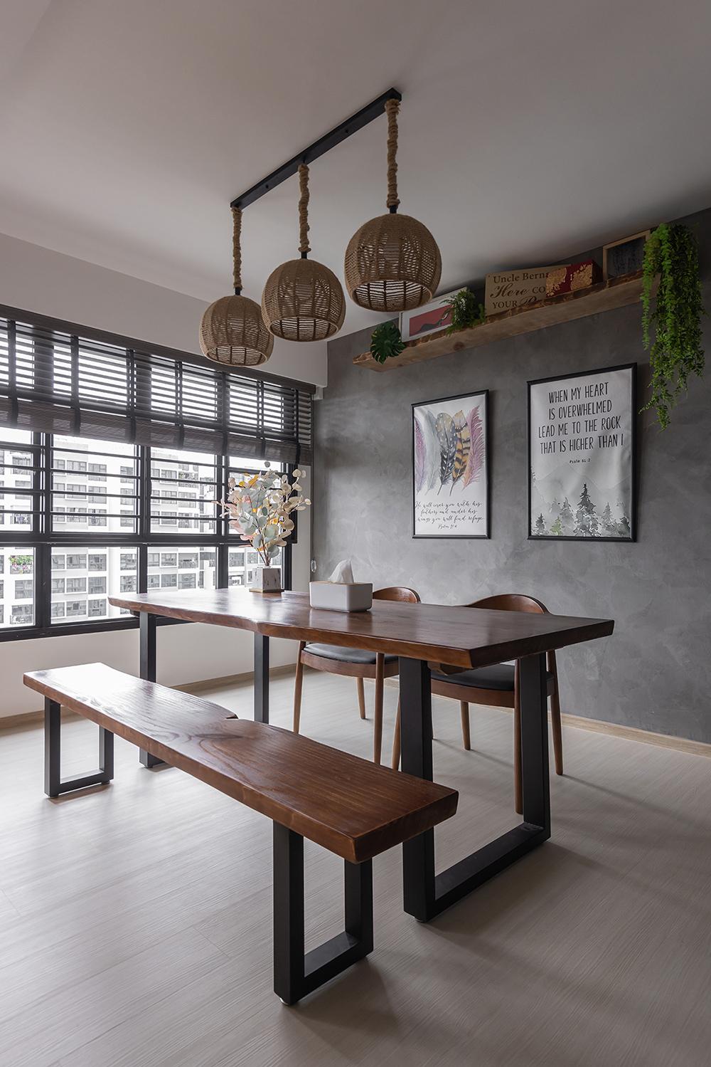 Industrial Dining Room with Vinyl Flooring and Feature Wall