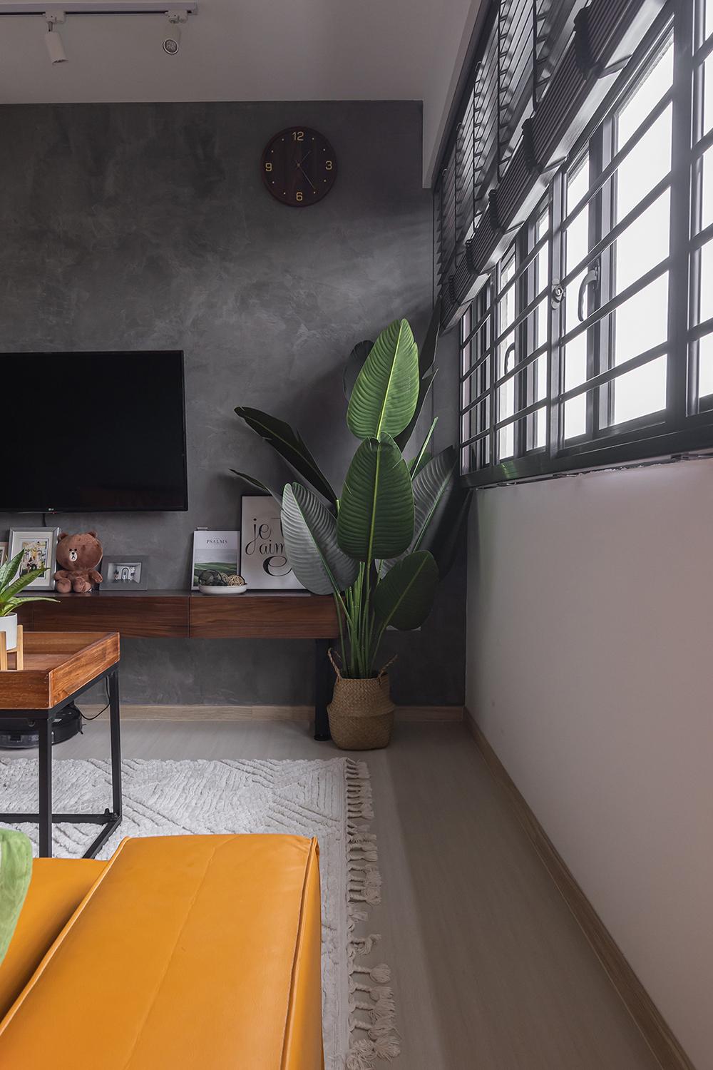 Industrial Living Room with Vinyl Flooring and Feature Wall