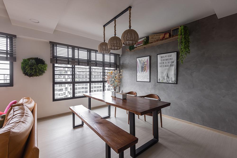 Industrial Dining Room with Vinyl Flooring and Feature Wall