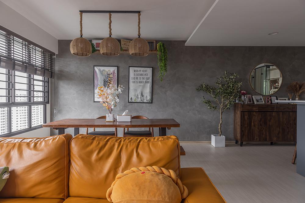 Industrial Dining Room with Vinyl Flooring and Feature Wall