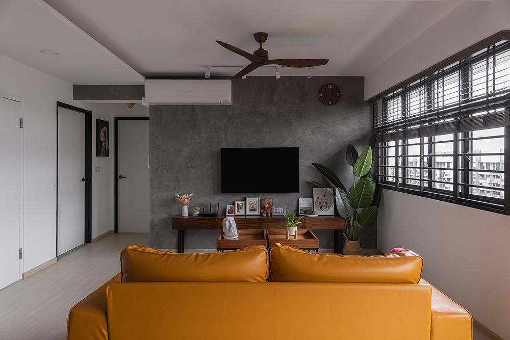 Industrial Living Room with Vinyl Flooring and Feature Wall