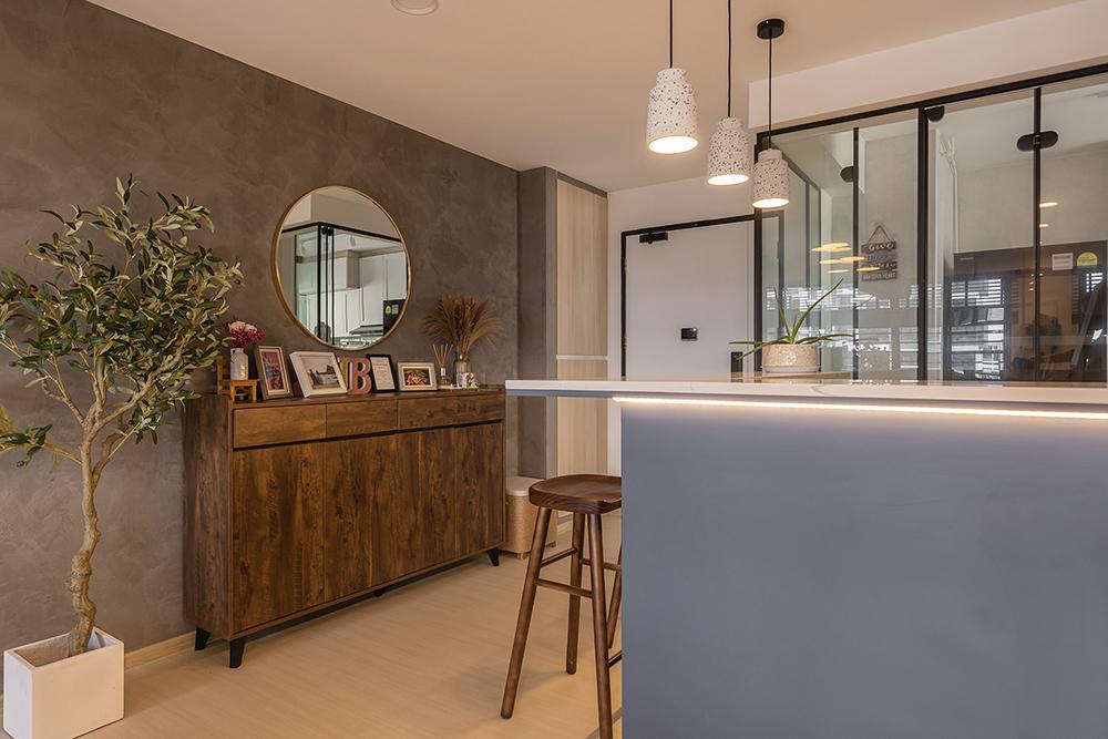 Industrial Foyer with Mirror and Glass Door
