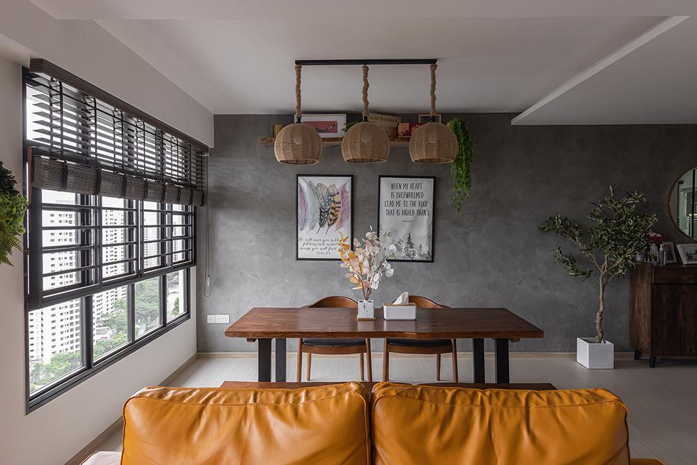 Industrial Dining Room with Vinyl Flooring and Feature Wall