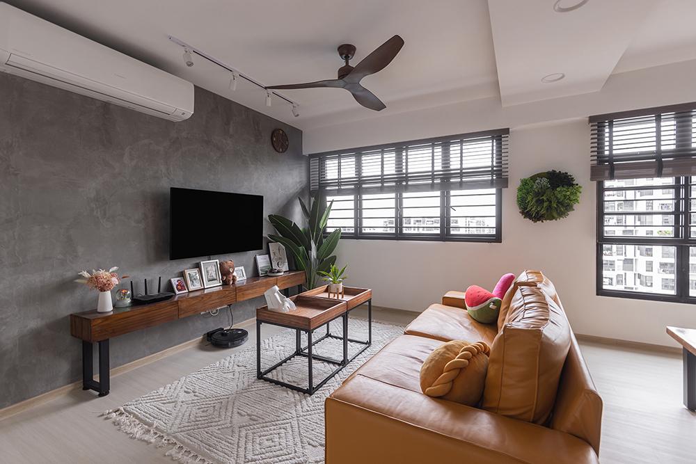 Industrial Living Room with Vinyl Flooring and Feature Wall