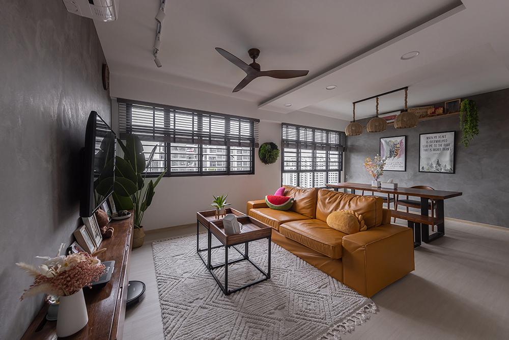 Industrial Living Room with Vinyl Flooring and Paintings