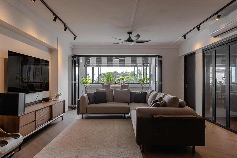 Modern Living Room with Vinyl Flooring and Glass Door