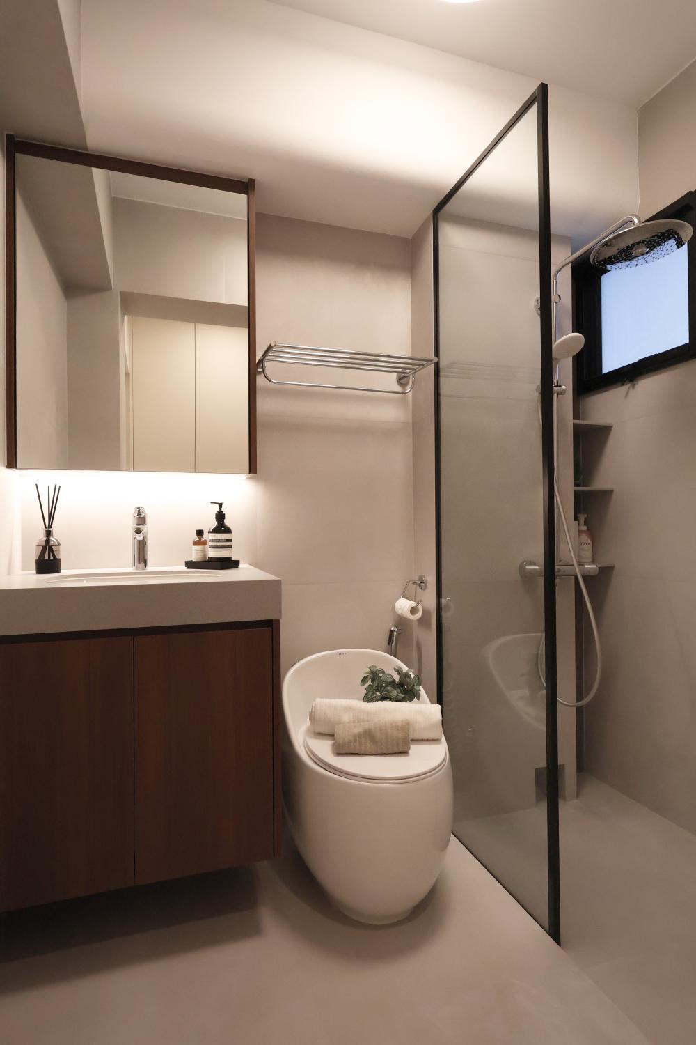 Modern Bathroom with Bathroom Storage and Showers