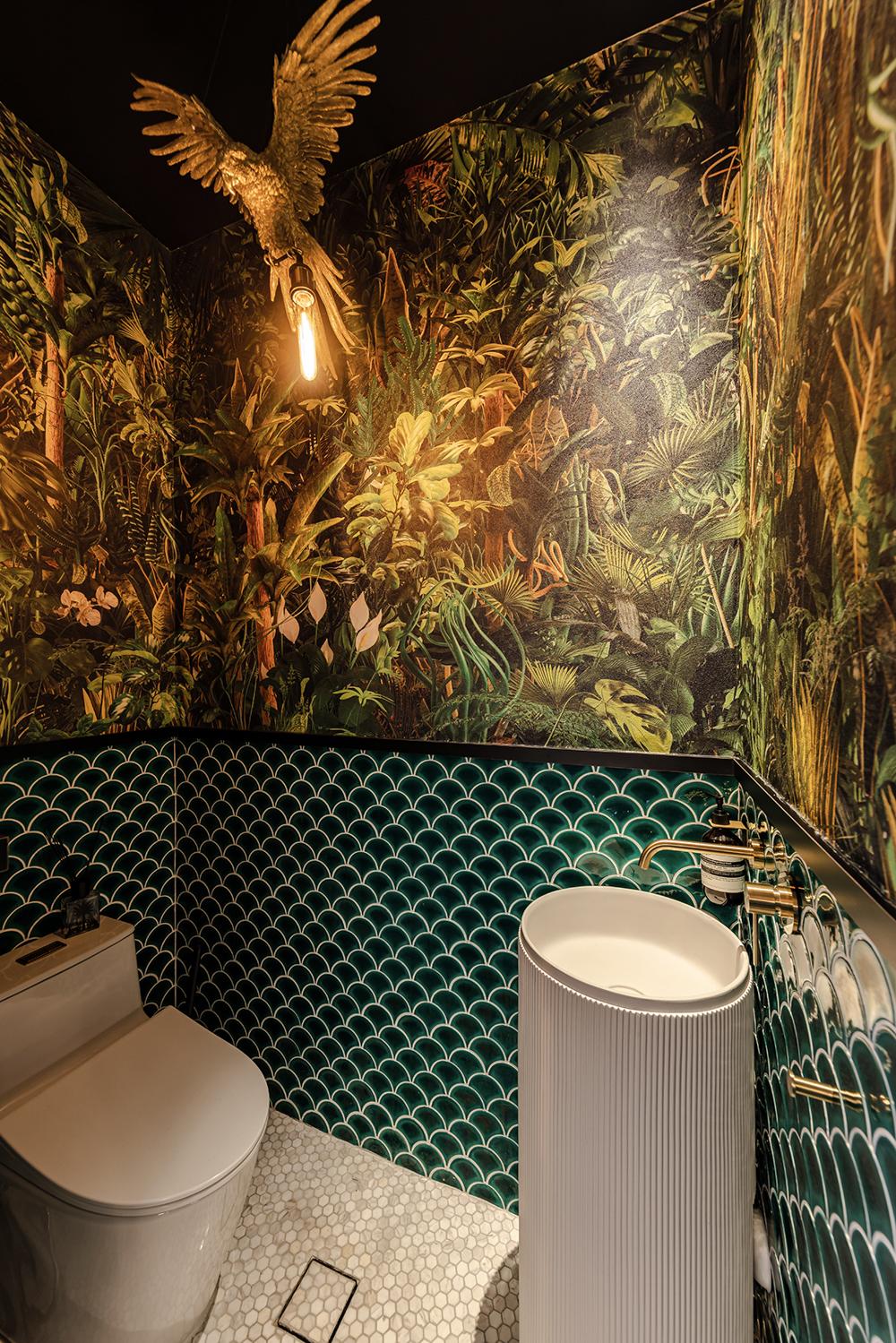 Eclectic Bathroom with Homogeneous Tiles and Wallpaper
