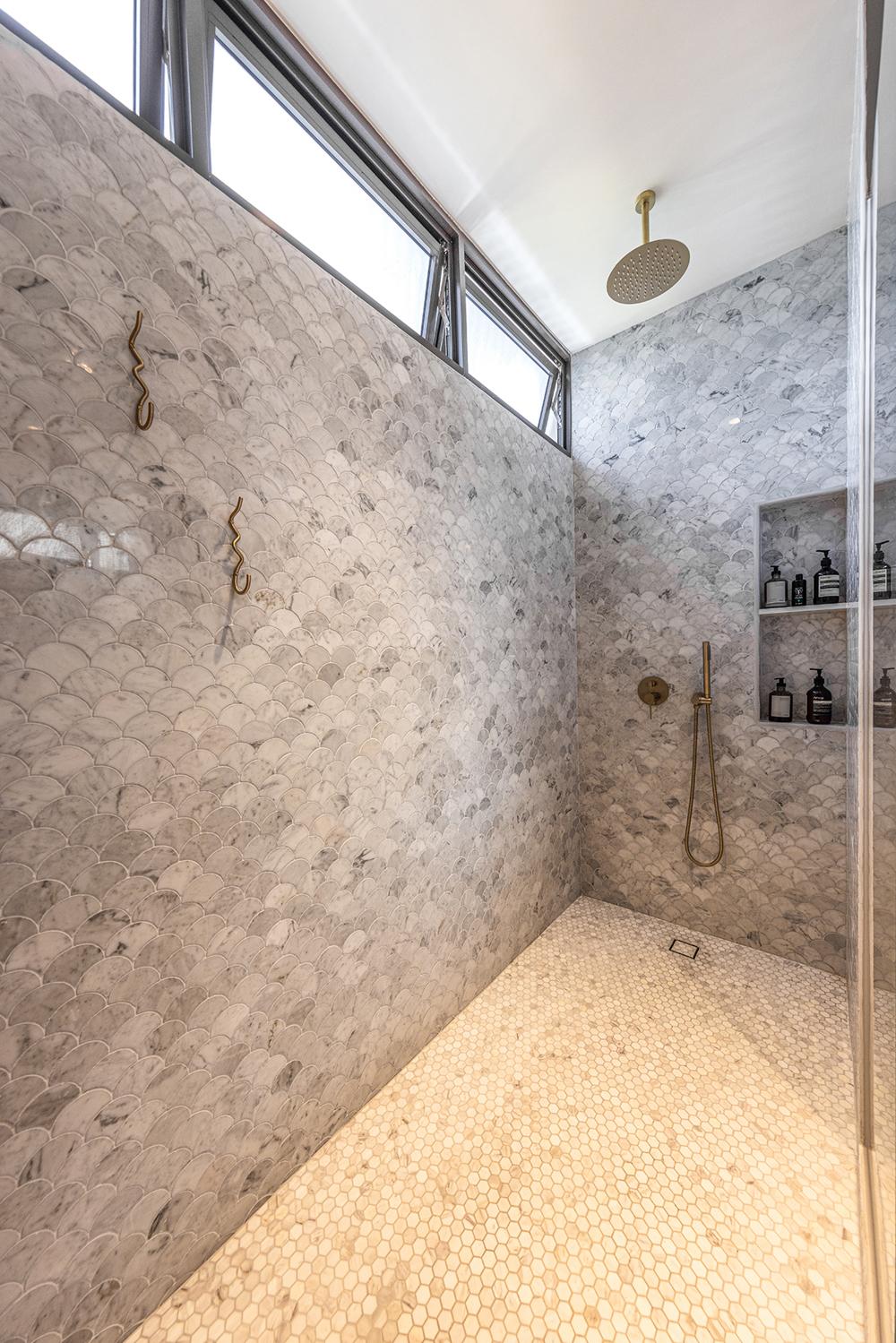 Eclectic Bathroom with Marble Floor and Shower Screen