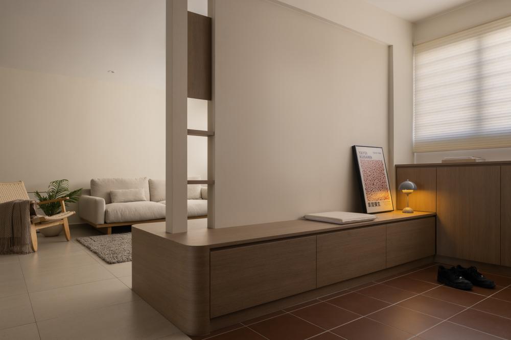 Asian Entryway with Homogeneous Tiles and TV Console