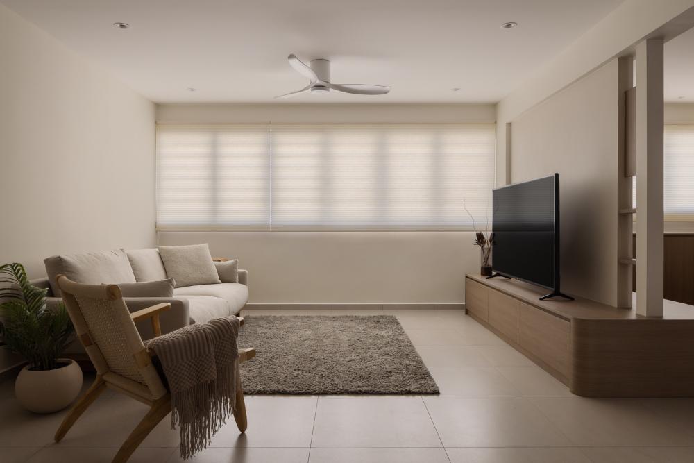 Asian Living Room with Homogeneous Tiles and TV Console
