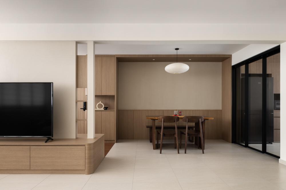 Asian Living Room with Homogeneous Tiles and Feature Wall