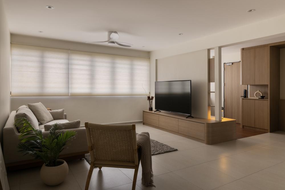 Asian Living Room with Homogeneous Tiles and TV Console