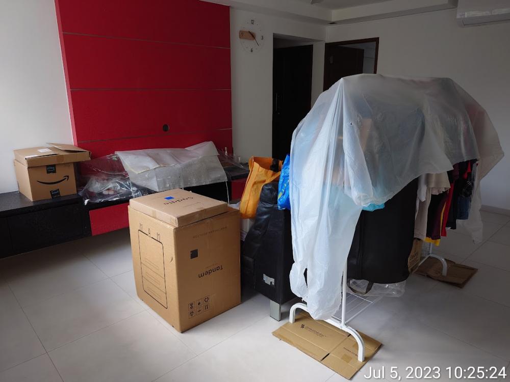 Asian Living Room with TV Console and Paintings
