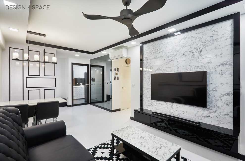 Scandinavian Living Room with TV Console and Feature Wall