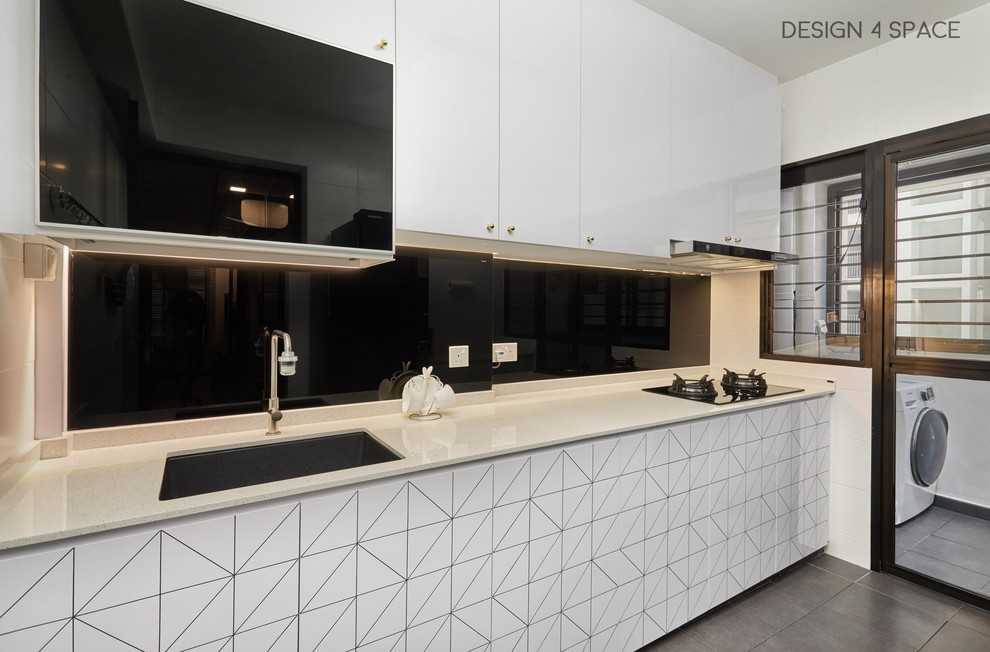 Scandinavian Kitchen with Homogeneous Tiles and Wood Flooring