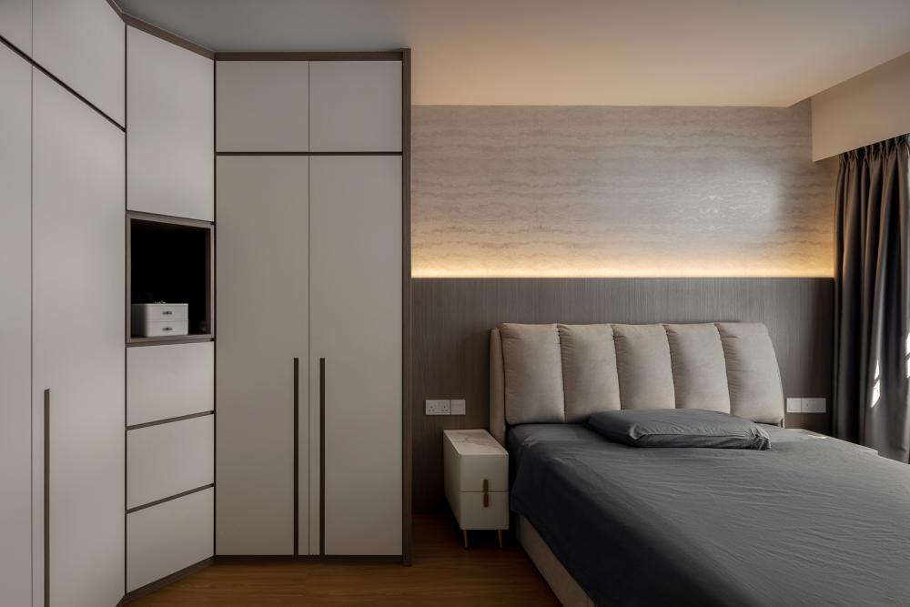 Modern Bedroom with Wood Flooring and Cove Lighting