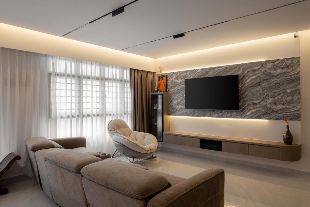 Modern Living Room with Homogeneous Tiles and TV Console