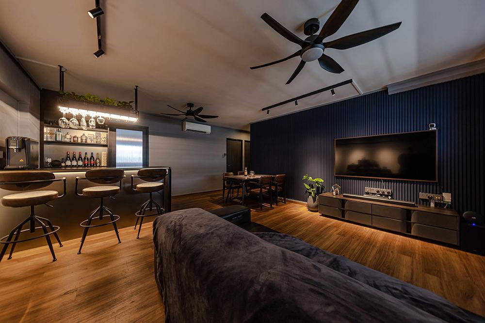 Industrial Living Room with Vinyl Flooring and Feature Wall