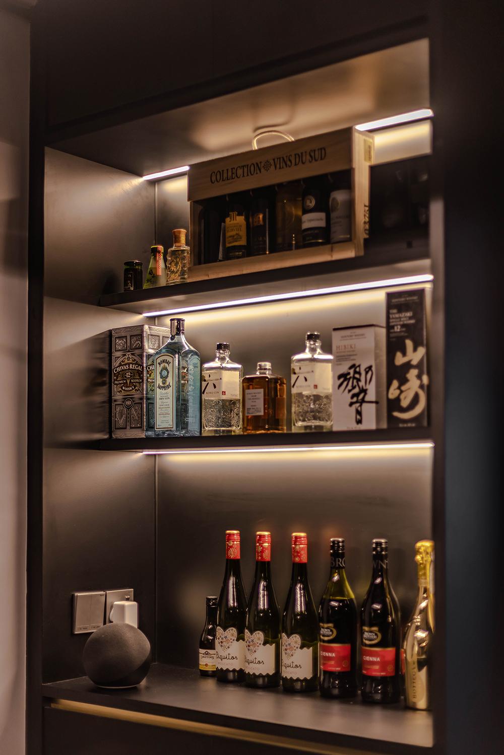 Industrial Home Bar with Storage Cabinets and Display Cabinets