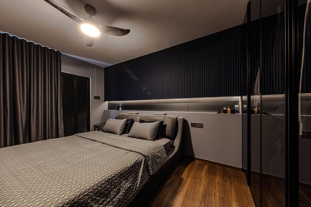 Industrial Bedroom with Vinyl Flooring and Feature Wall