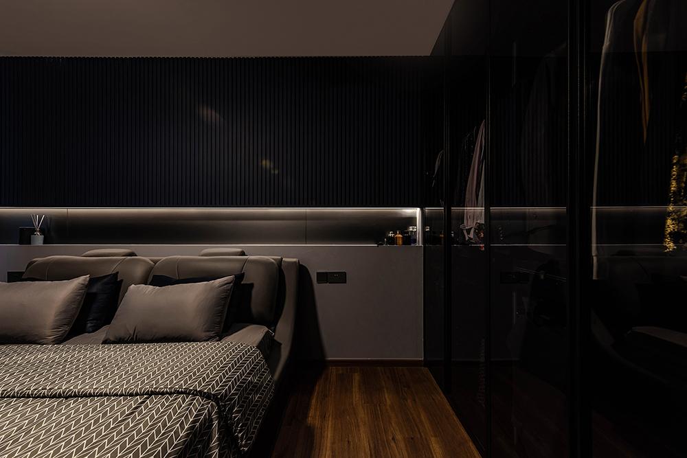 Industrial Bedroom with Vinyl Flooring and Feature Wall