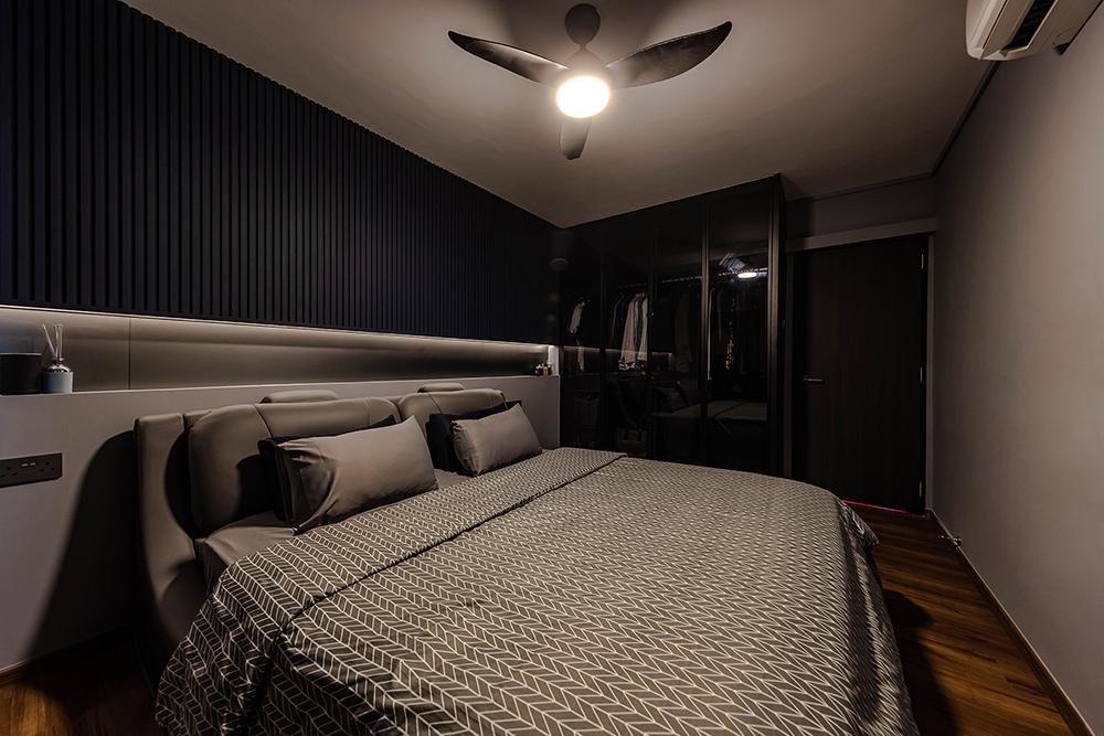 Industrial Bedroom with Vinyl Flooring and Feature Wall