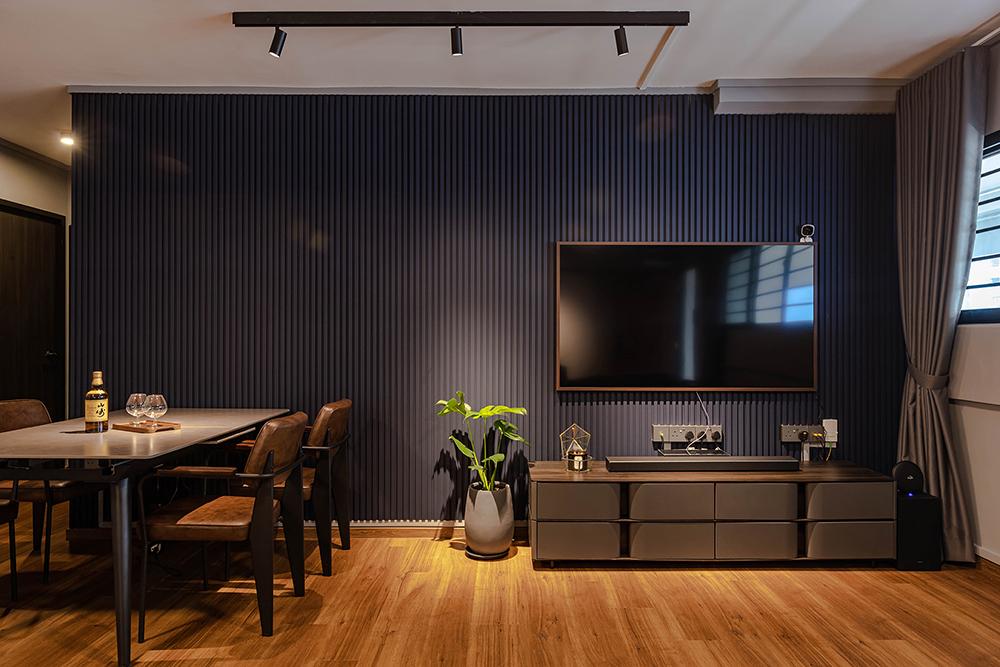 Industrial Living Room with Vinyl Flooring and Feature Wall