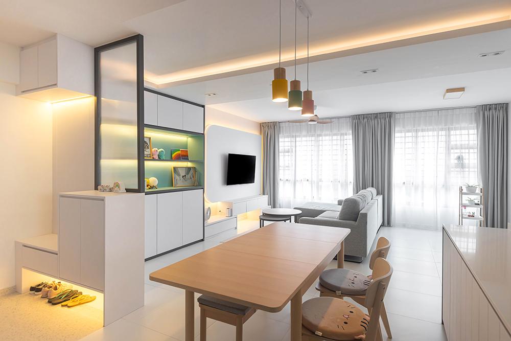 Modern Living Room with Homogeneous Tiles and TV Console