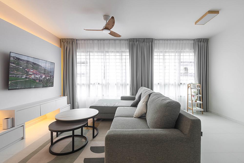 Modern Living Room with TV Console and Curtain