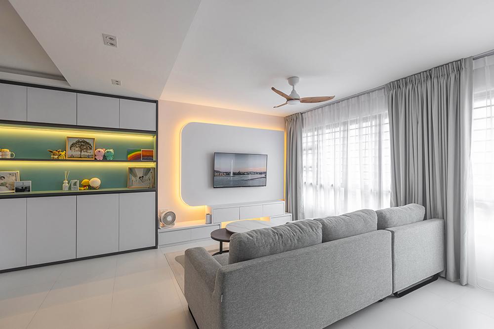 Modern Living Room with TV Console and Curtain