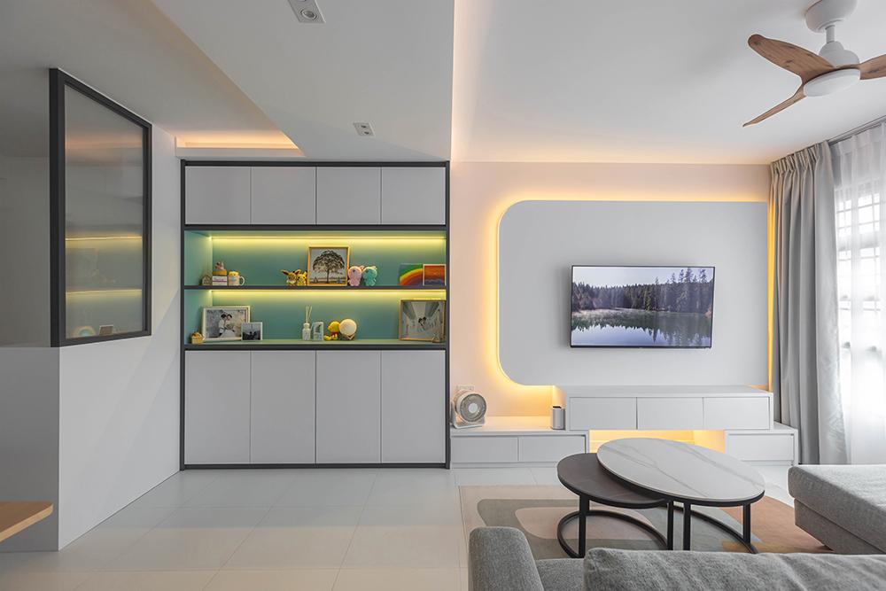Modern Living Room with TV Console and Cove Lighting