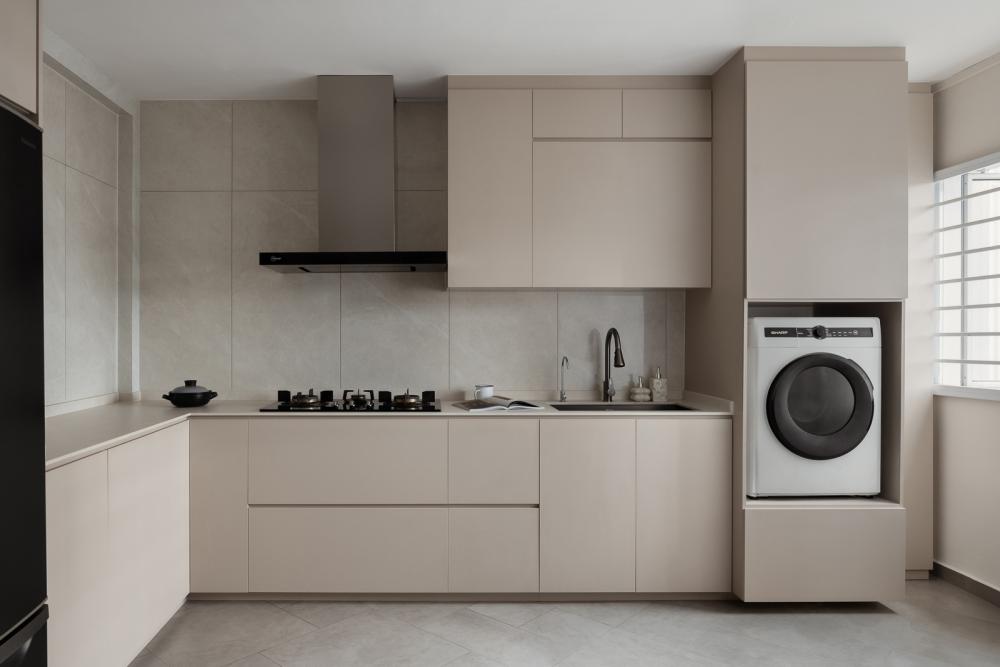 Modern Kitchen with Homogeneous Tiles and Washing Machine