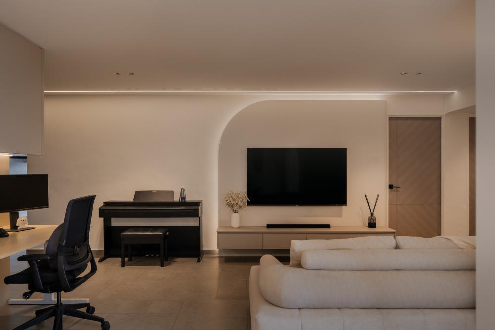 Modern Living Room with Homogeneous Tiles and TV Console