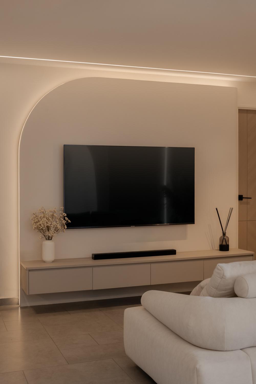 Modern Living Room with Homogeneous Tiles and TV Console