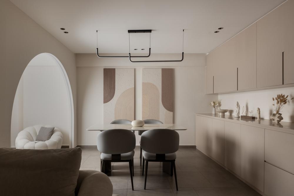 Modern Dining Room with Artwork and Cupboard
