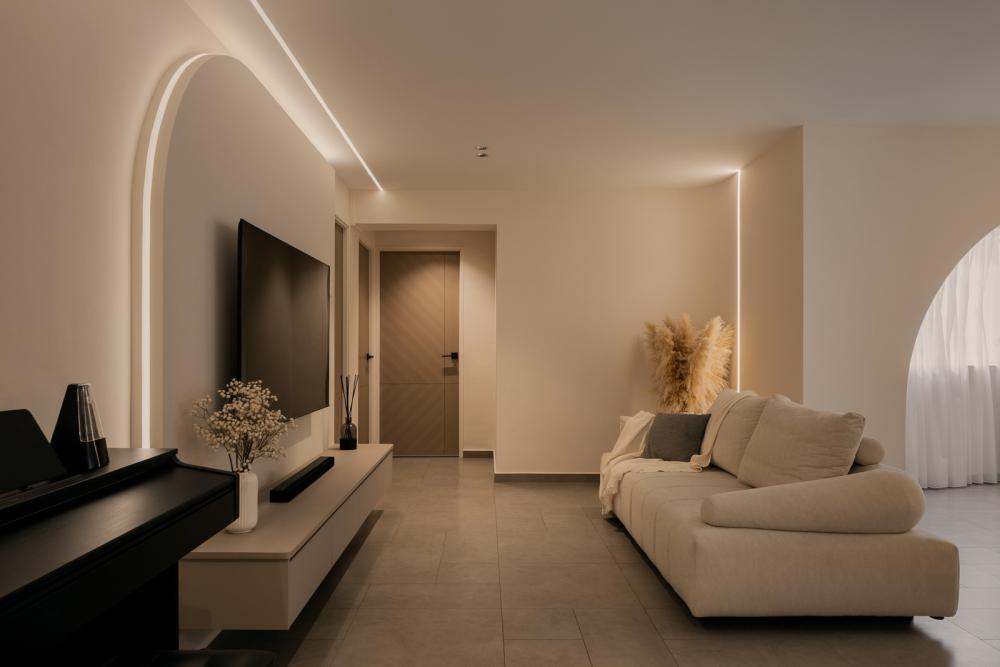 Modern Living Room with Homogeneous Tiles and TV Console