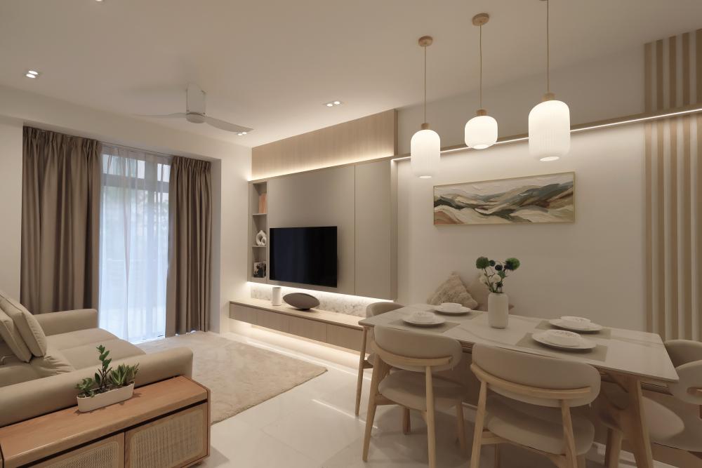 Modern Living Room with TV Console and Ceiling Light