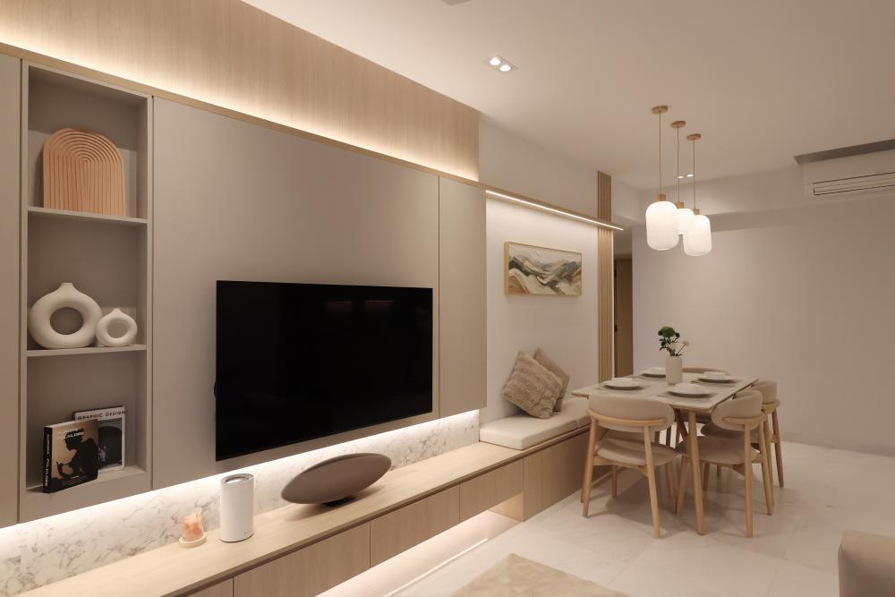 Modern Living Room with TV Console and Ceiling Light