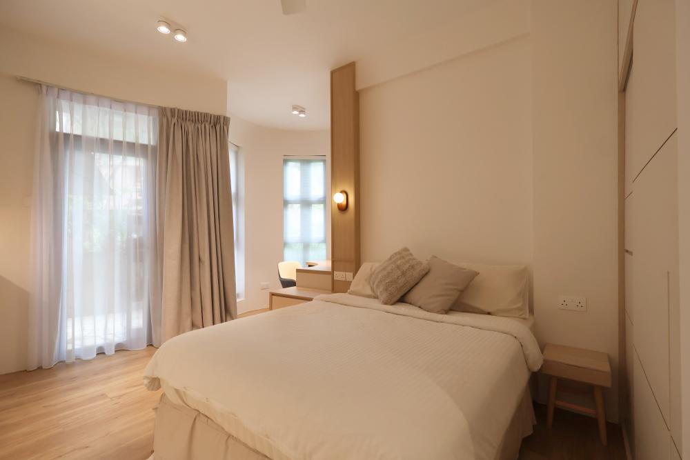 Modern Bedroom with Vinyl Flooring and Ceiling Light