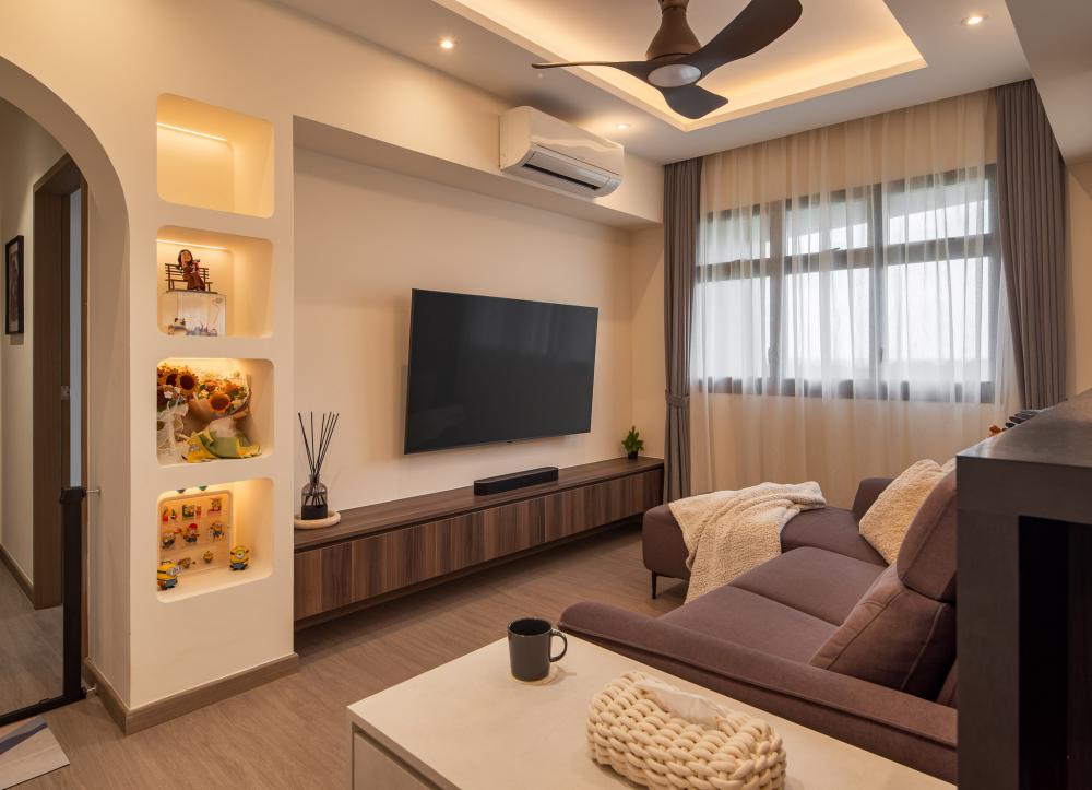 Modern Living Room with Vinyl Flooring and Feature Wall