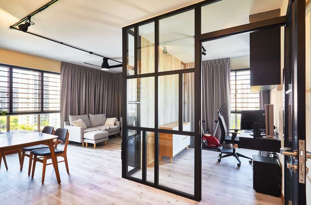 Scandinavian Living Room with Cement Floor and Wood Flooring