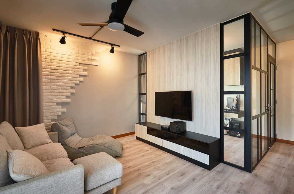 Scandinavian Living Room with Wood Flooring and TV Console