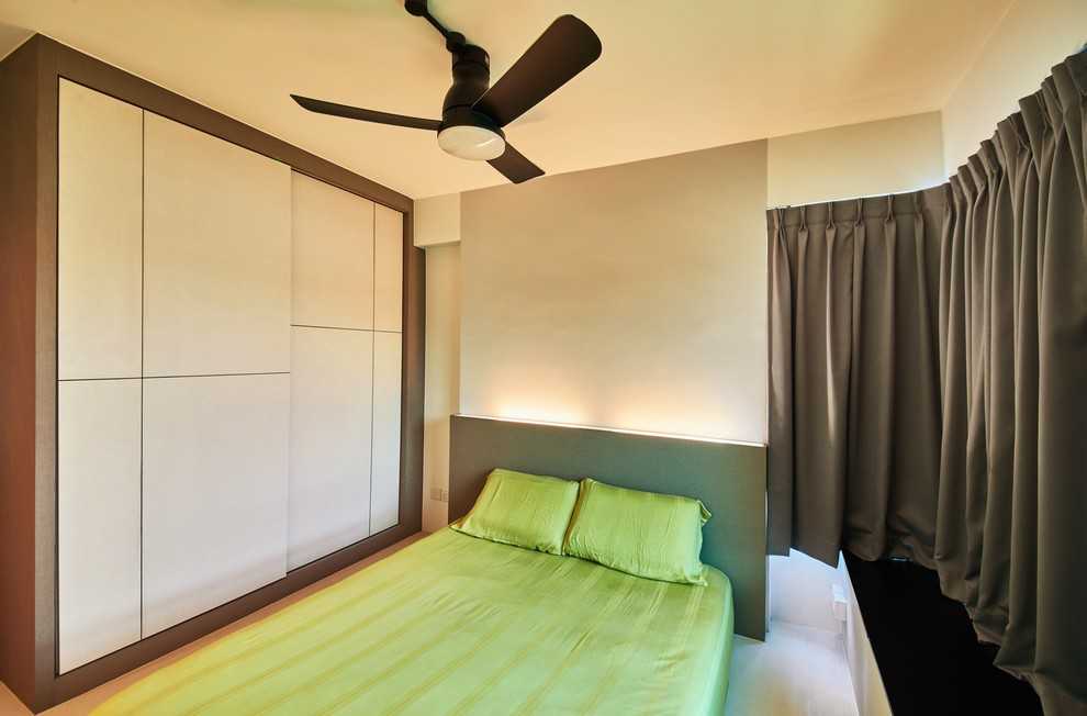 Scandinavian Bedroom with Wood Flooring and Wardrobe