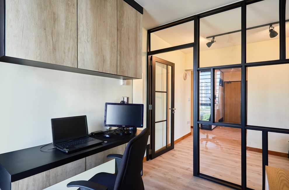 Scandinavian Study with Storage Cabinets and Wall Shelves